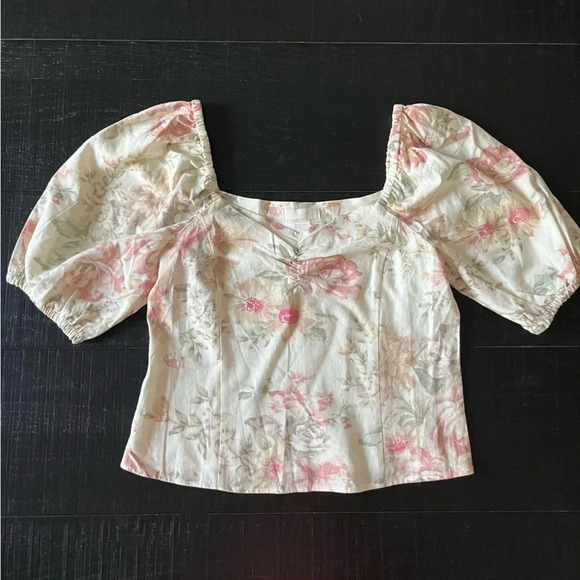 H&M Linen-blend Crop Top Natural white/floral Size S - Picture 1 of 6